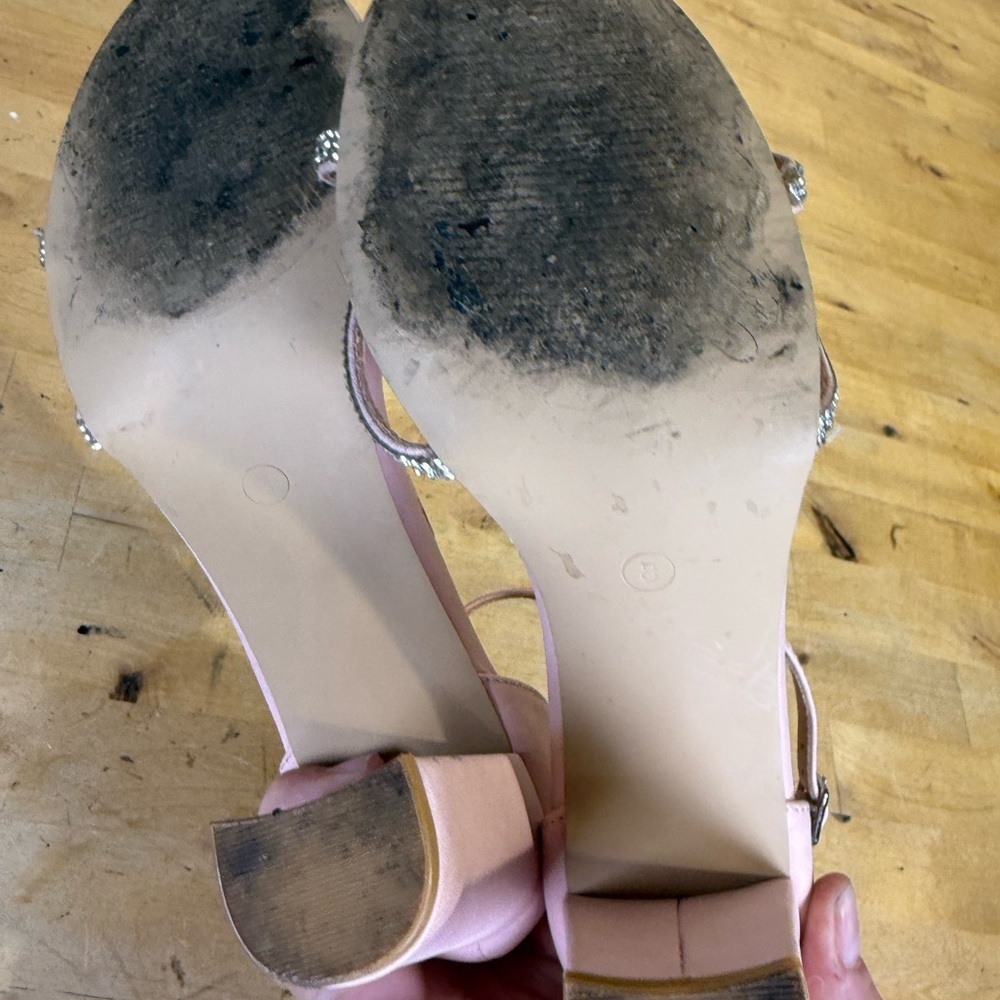Pink Rhinestone T-Strap Block Heel Sandals Size 8 - Picture 11 of 13